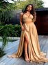 A Line Two Piece Gold Halter Satin Prom Dress with Slit LBQ3936